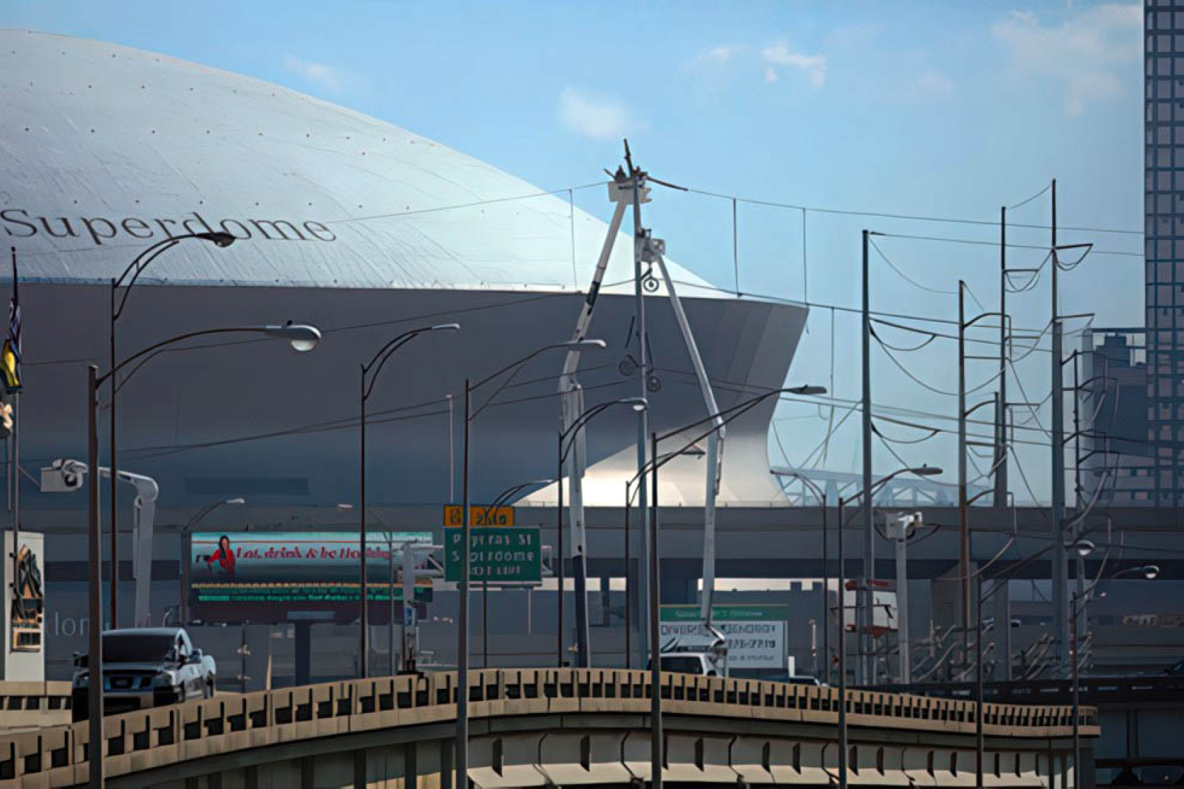 Stringing wire near the Superdome