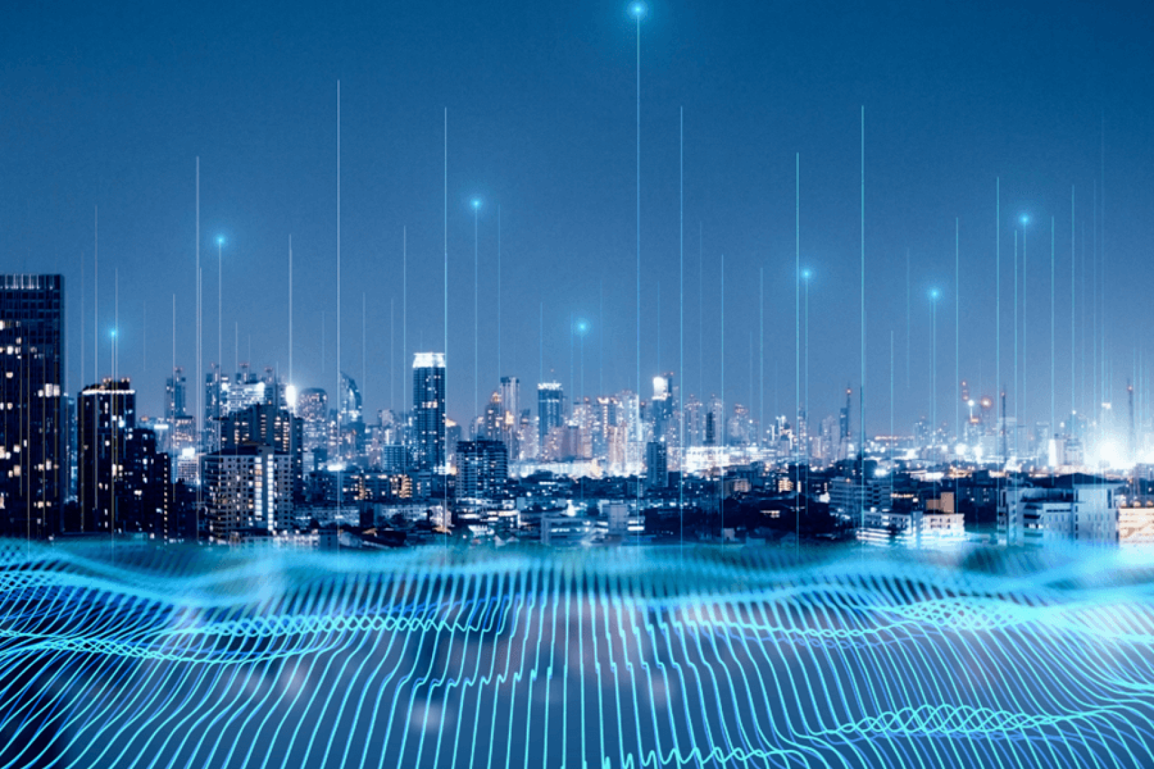 digital wave on top of city skyline